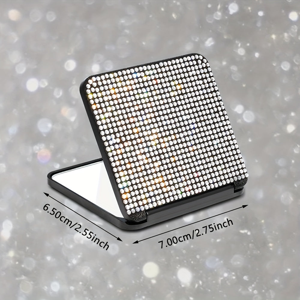 Sparkling Rhinestone Folding Compact Makeup Mirror - Dual-Sided Square Pocket Mirror for Purse & Handbag, Battery-Free