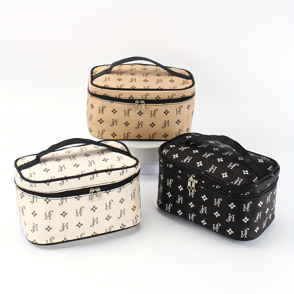 Minimalist Faux Leather Makeup Bag, Beige with Black Handles & Zipper, Compact Square Cosmetic Case and Portable Toiletry Organizer