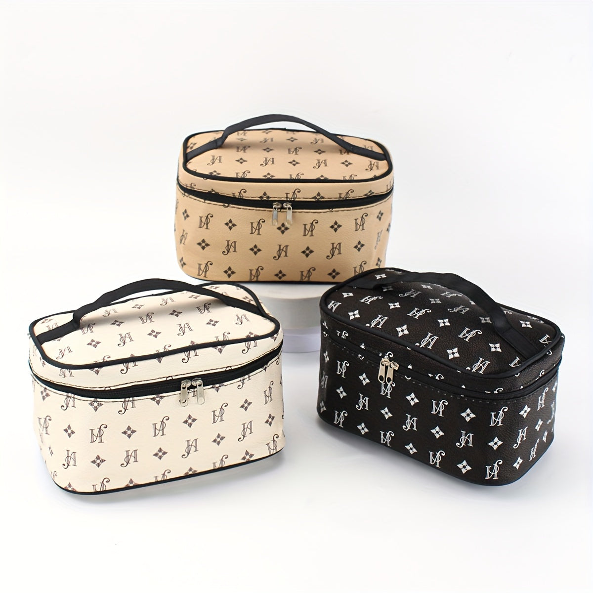 Minimalist Faux Leather Makeup Bag, Beige with Black Handles & Zipper, Compact Square Cosmetic Case and Portable Toiletry Organizer