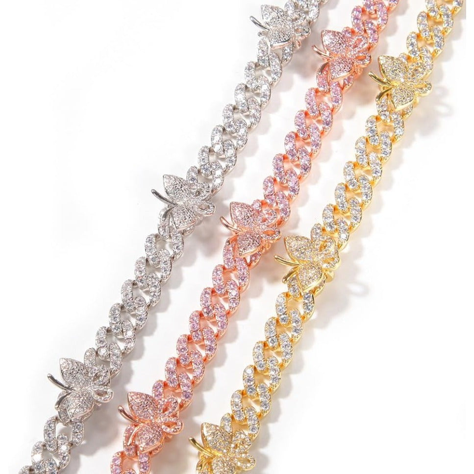 925 Sterling Silver Cuban Link Bracelet 18K Gold Plated with Butterfly Pendants & Lab Moissanite Accents – Elegant Gift for Valentine’s Day & Parties