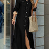 Women's Navy A-Line Maxi Shirt Dress with Chest Pocket – Button-Front Collared, Machine Washable Elegant Spring/Summer Wedding Guest & Work Dress