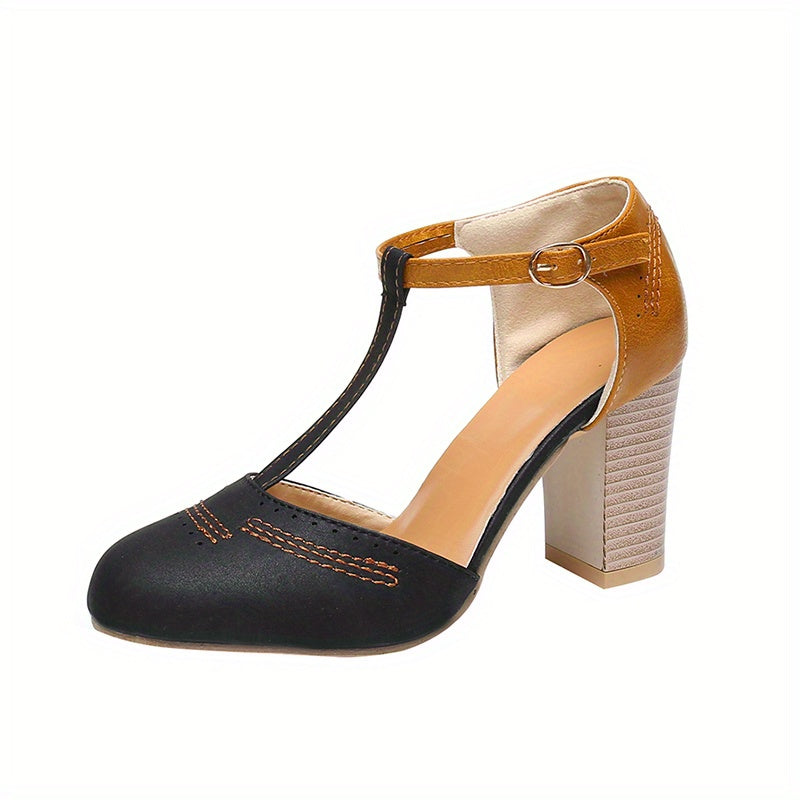Women's Retro Colorblock T-Strap Block Heel Sandals, Round Toe, Buckle Closure