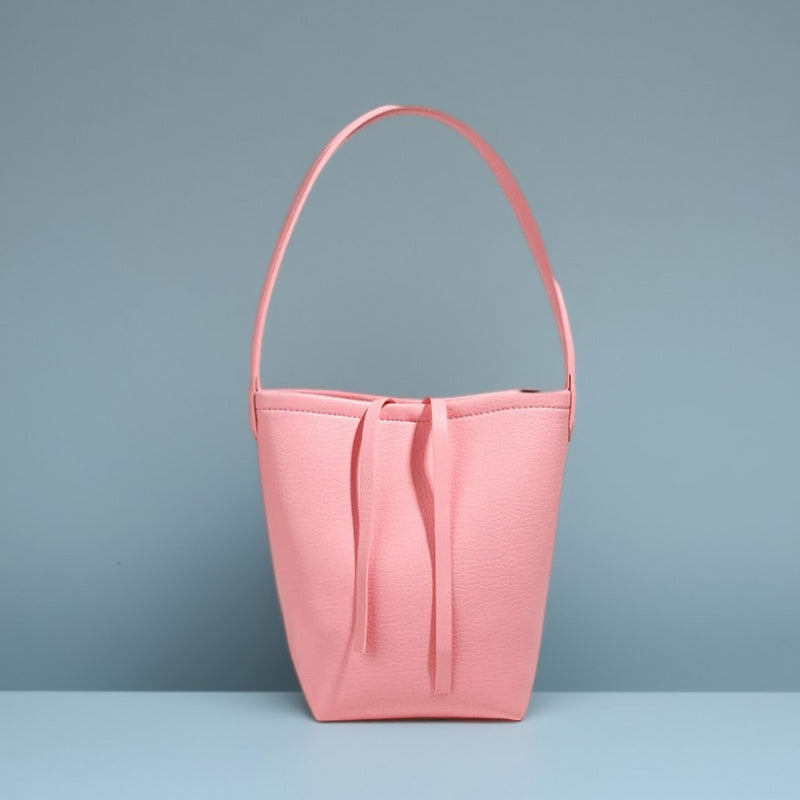 Women's Large Capacity Korean-Inspired Drawstring Bucket Tote - Minimalist Round PU Crossbody Shoulder Purse with Adjustable Strap, Black Grey Coffee Brown White Red