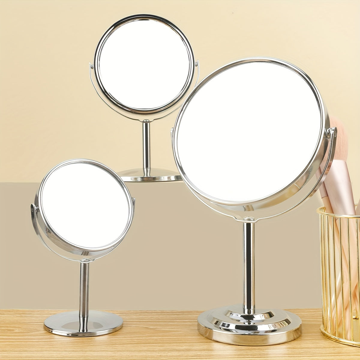 RANCAI 360° Stainless Steel Double-Sided Makeup Mirror – Polished Coastal Tabletop, HD Oil-Free Surface, Non-Electric, Anti-Skid Base