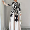 Floral Print A-Line Maxi Dress — Stand Collar, Lantern Sleeves & Ruffle Hem, Belted Waist (Polyester, Spring/Fall)