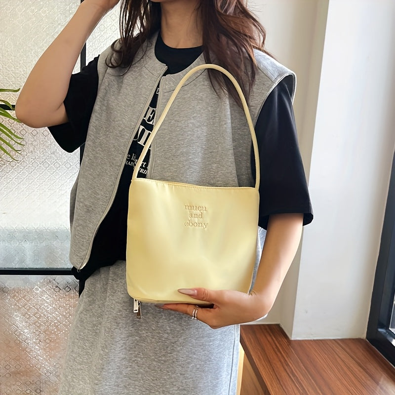 Women's Nylon Underarm Crossbody Bucket Bag – Embroidered Single Shoulder Handbag (Black, White)