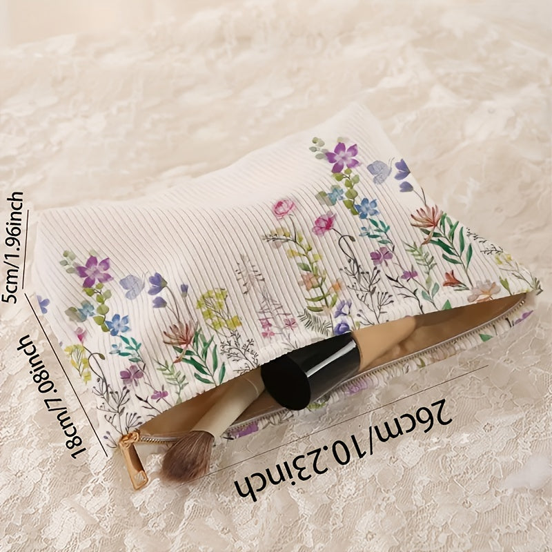 Floral Corduroy Makeup Bag - Zipper Travel Toiletry Pouch & Cosmetic Organizer, Portable Gift for Women