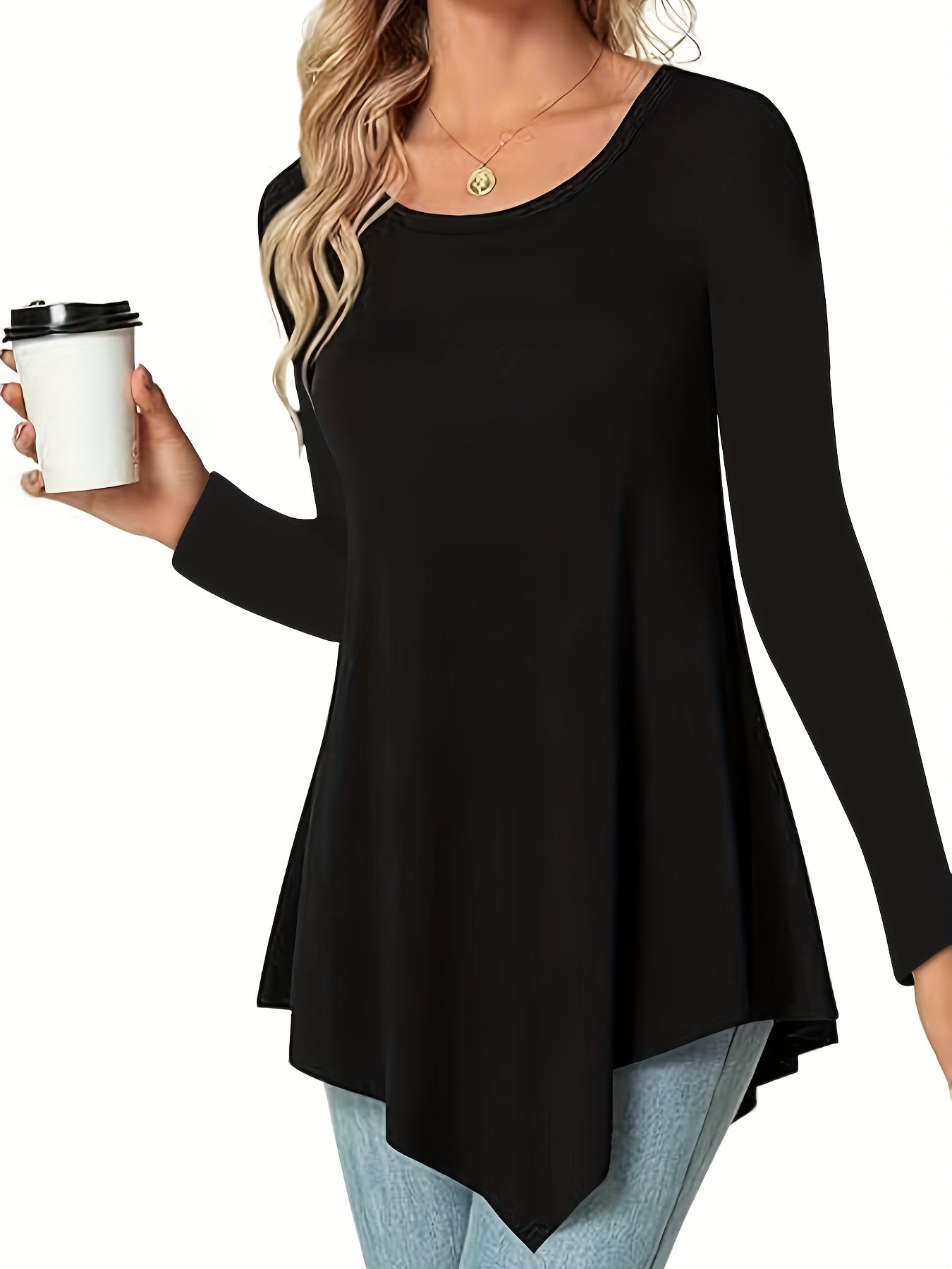 Women's Long Sleeve Peplum Top - Relaxed Fit Crew Neck Casual Blouse for Spring, Summer & Fall