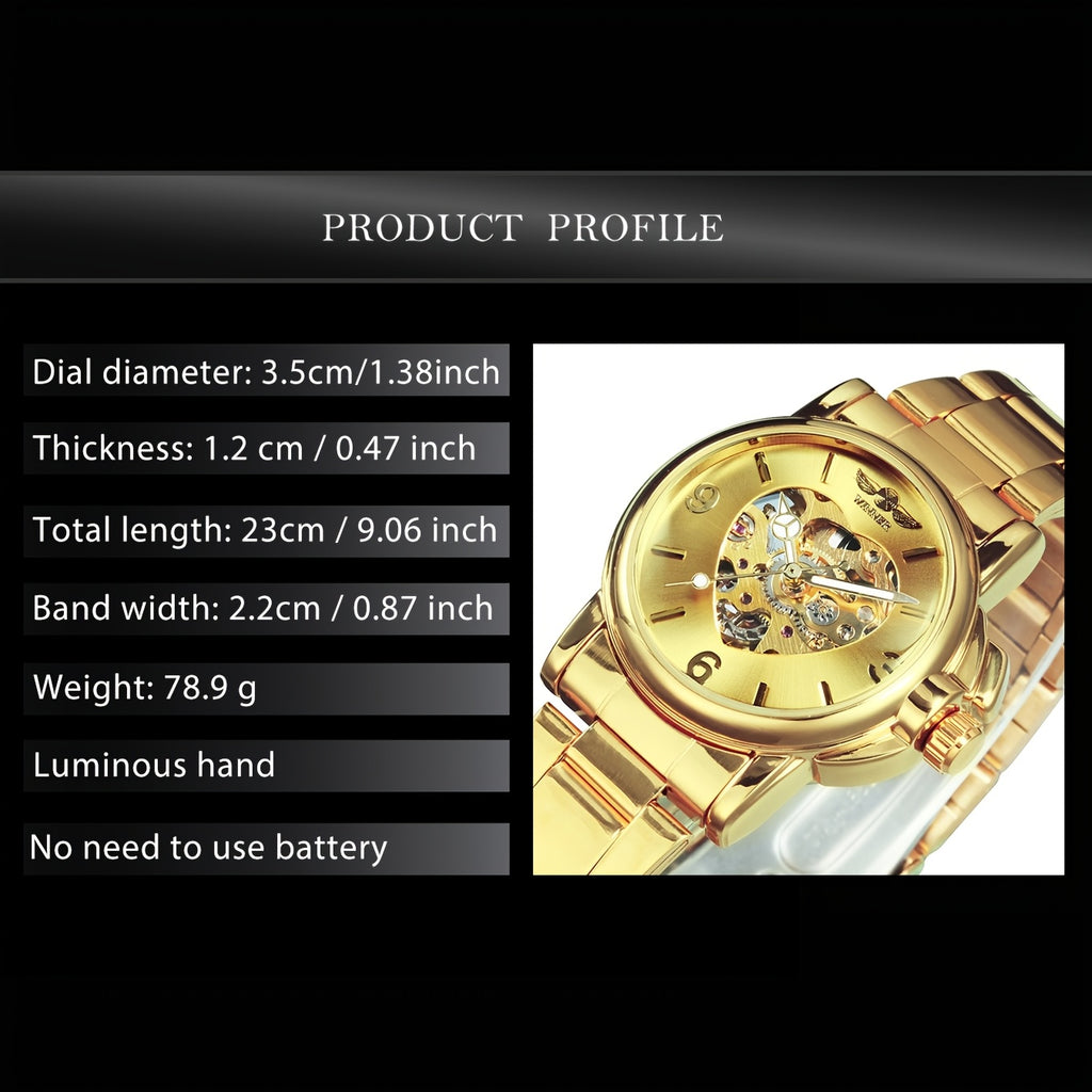 T-WINNER Women's Automatic Mechanical Watch – Luxury Gold Skeleton Dial, Luminous Hands, Stainless Steel Strap with Folding Safety Clasp