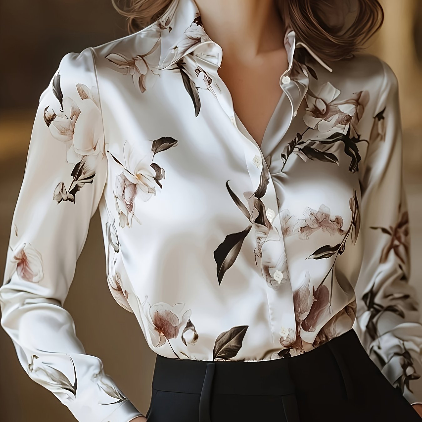 Graceful Women's Floral Print Blouse – Long Sleeve Button-Up with Classic Lapel Collar & Applique, Woven Polyester