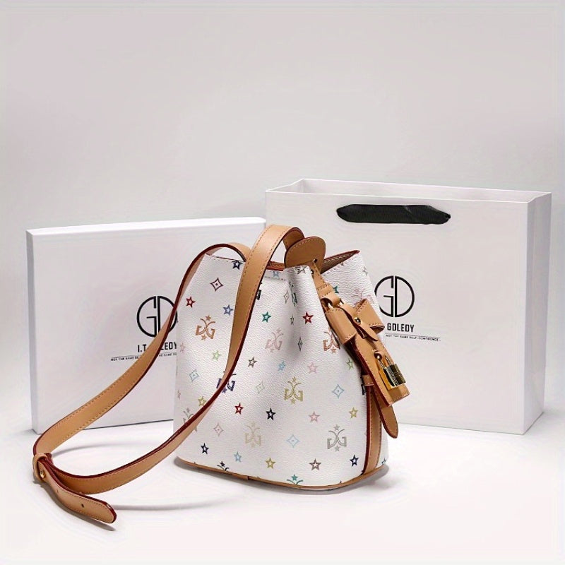 Women's Convertible Bucket Bag – Split Leather Crossbody Handbag with Adjustable Strap, Buckle Closure, Coffee Brown & Beige