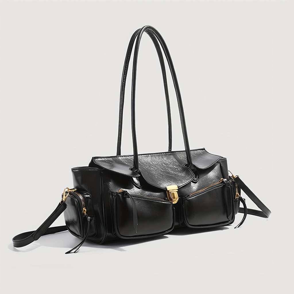 Retro French Baguette Bag - Faux Leather Kiss Lock Clutch with Long Shoulder Strap & Multi-Pocket Crossbody (Black, Dark Brown)