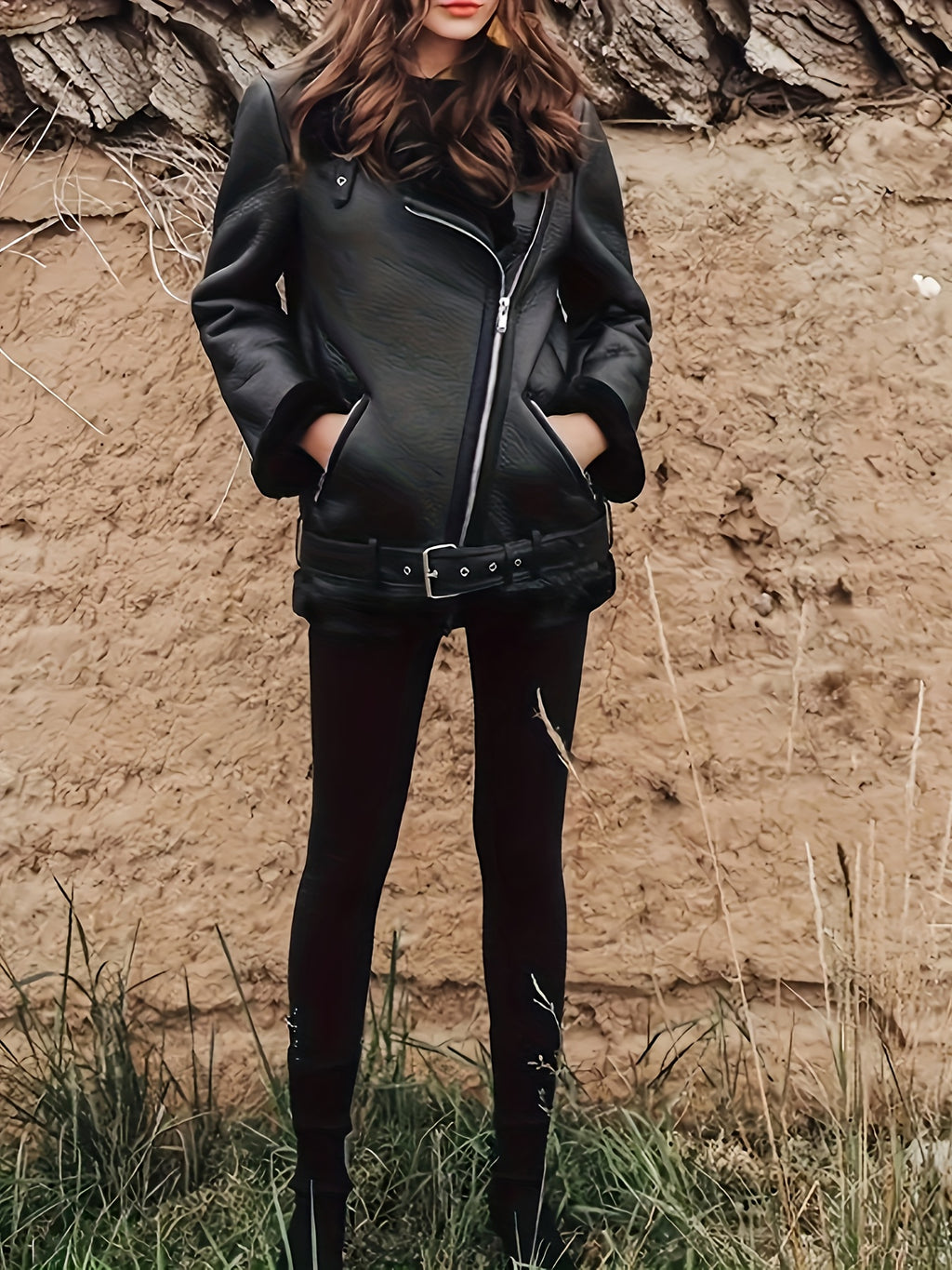 Women's PU Leather Motorcycle Jacket with Faux Fur Collar — Fleece-Lined Black Zip-Up, All-Season Casual