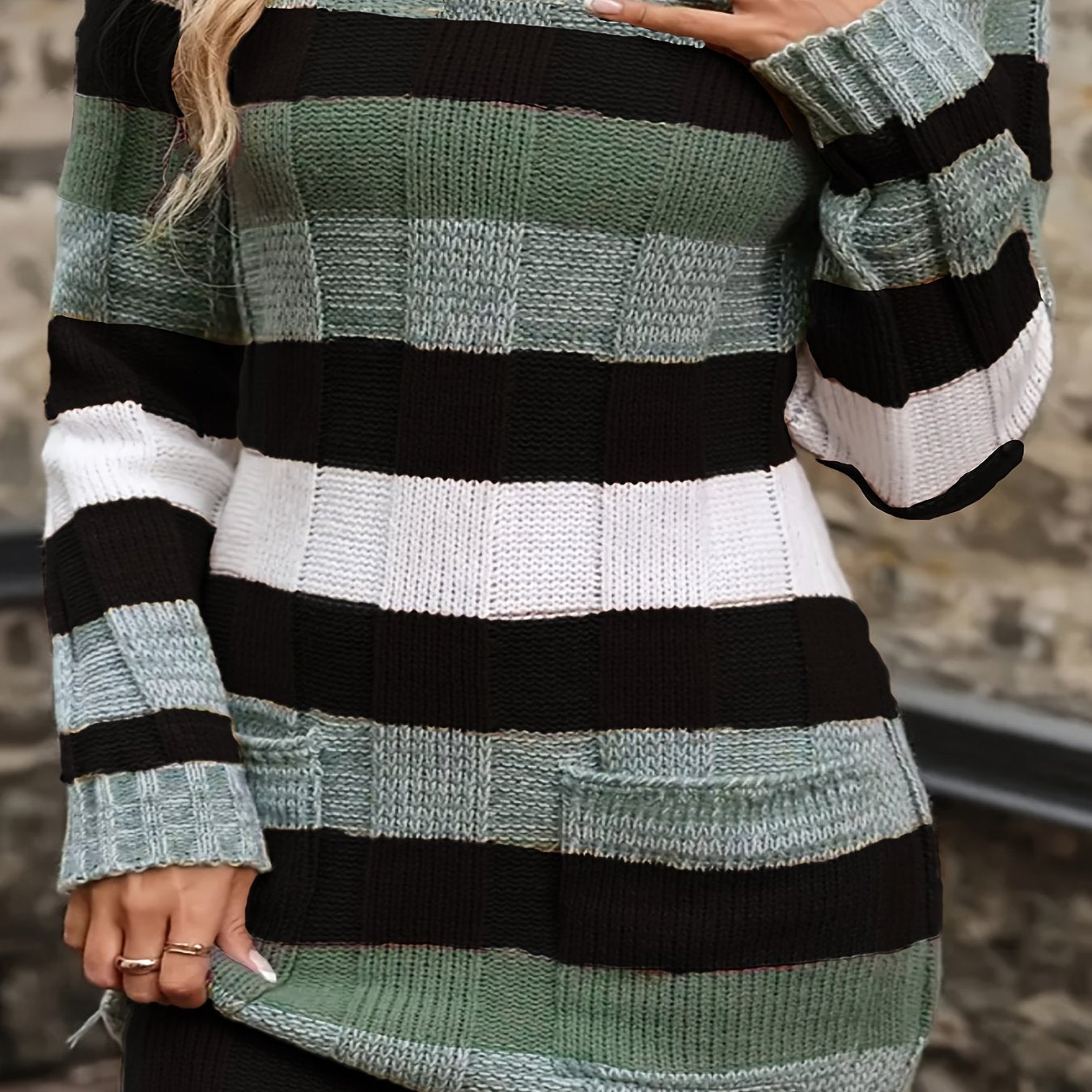Plus Size Olive Green & White Striped V-Neck Sweater Dress – Long Sleeve with Pockets, Oversized Fall/Winter