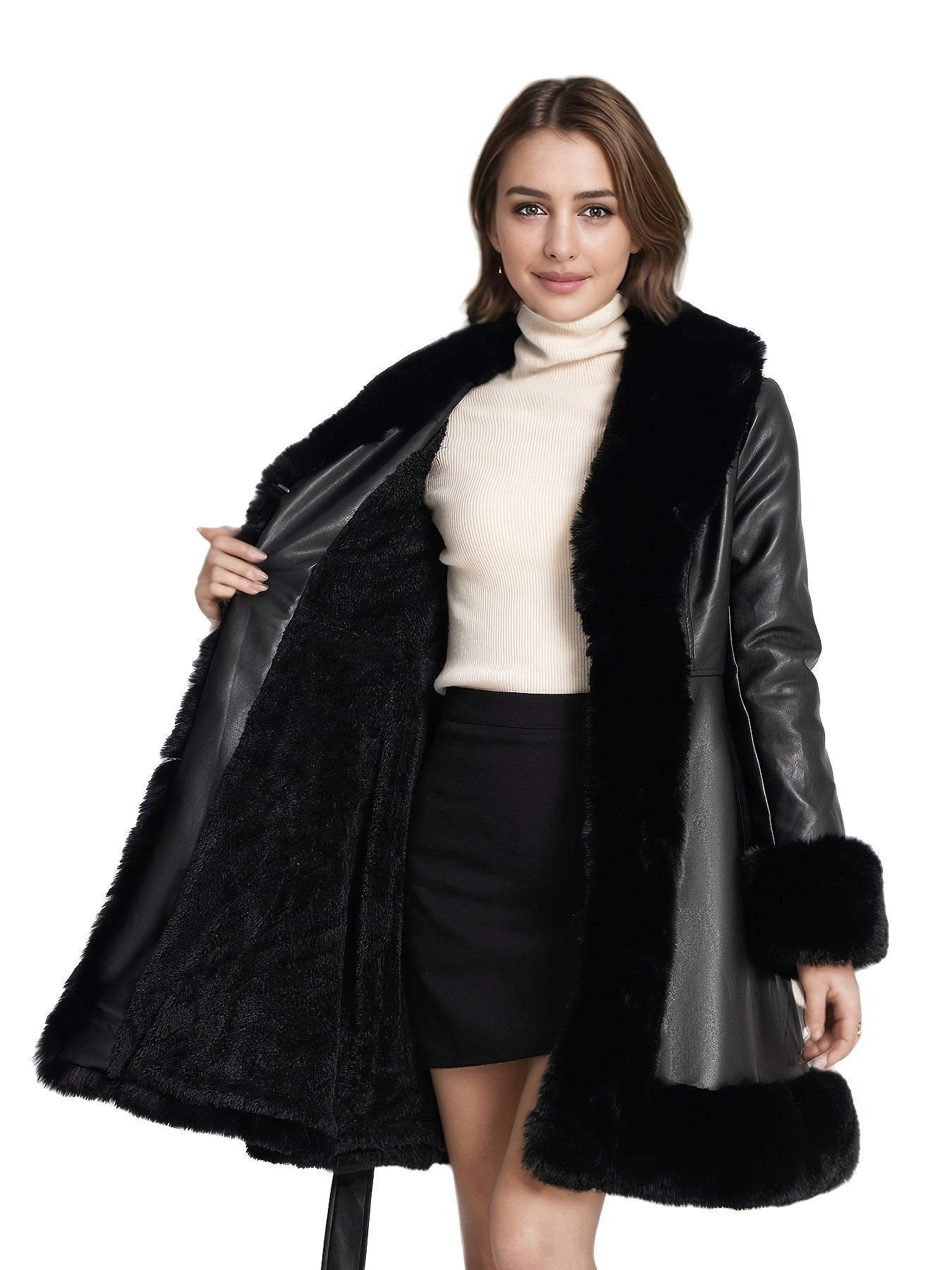 Women's Midi Faux Fur-Lined Faux Leather Belted Coat, Elegant Winter Long Sleeve Jacket