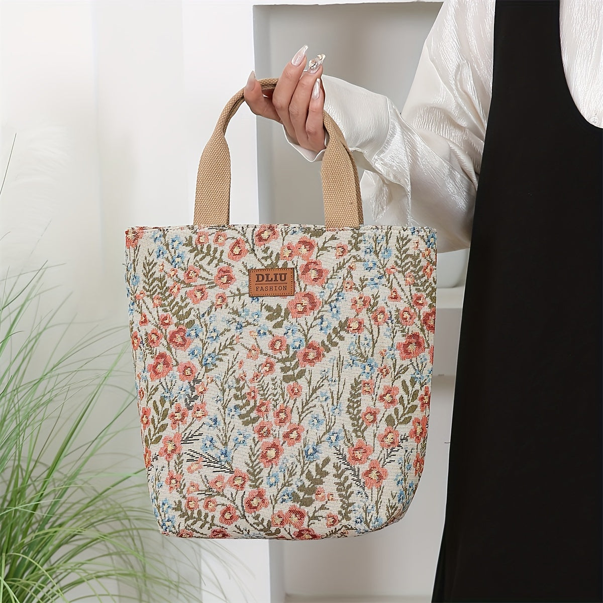 DLIU Vintage Floral Nylon Bucket Handbag – Large Capacity Foldable Tote with Zipper & Back Pocket, Sturdy Shoulder Straps (Red/Blue)