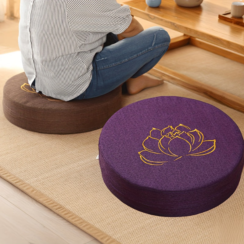 Purple Lotus Hemp Meditation Mat — Circular Woven Yoga Mat, Thick Medium-Firm Support for Kneeling & Floor Sitting