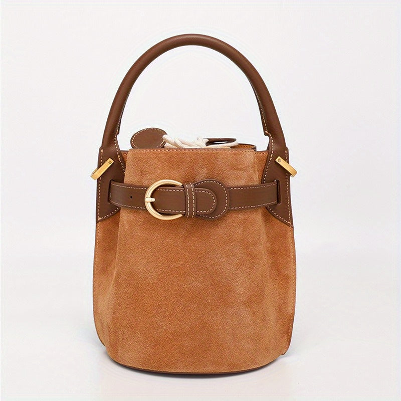 Genuine Leather Bucket Bag for Women - Convertible Handheld & Crossbody with Adjustable Strap, Drawstring Closure, Gold-Tone Hardware, Textured Luxury (Beige, Pink, Purple, Chocolate)