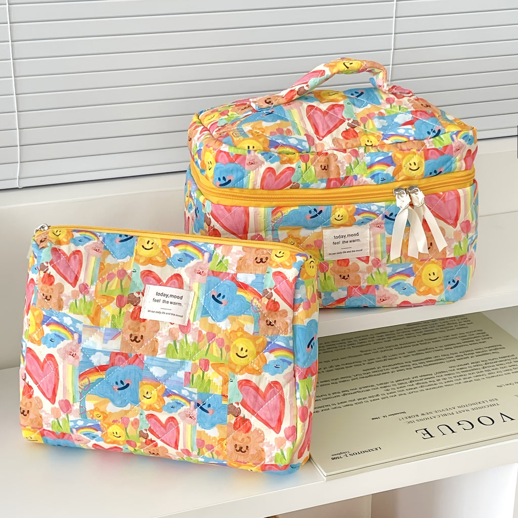Cute Pastel Makeup Bag for Women - Faces, Hearts & Bears Cosmetic Pouch with Zipper, Lightweight Travel Toiletry Case
