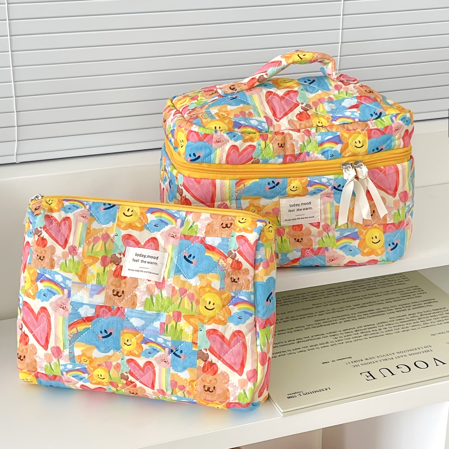 Cute Pastel Makeup Bag for Women - Faces, Hearts & Bears Cosmetic Pouch with Zipper, Lightweight Travel Toiletry Case