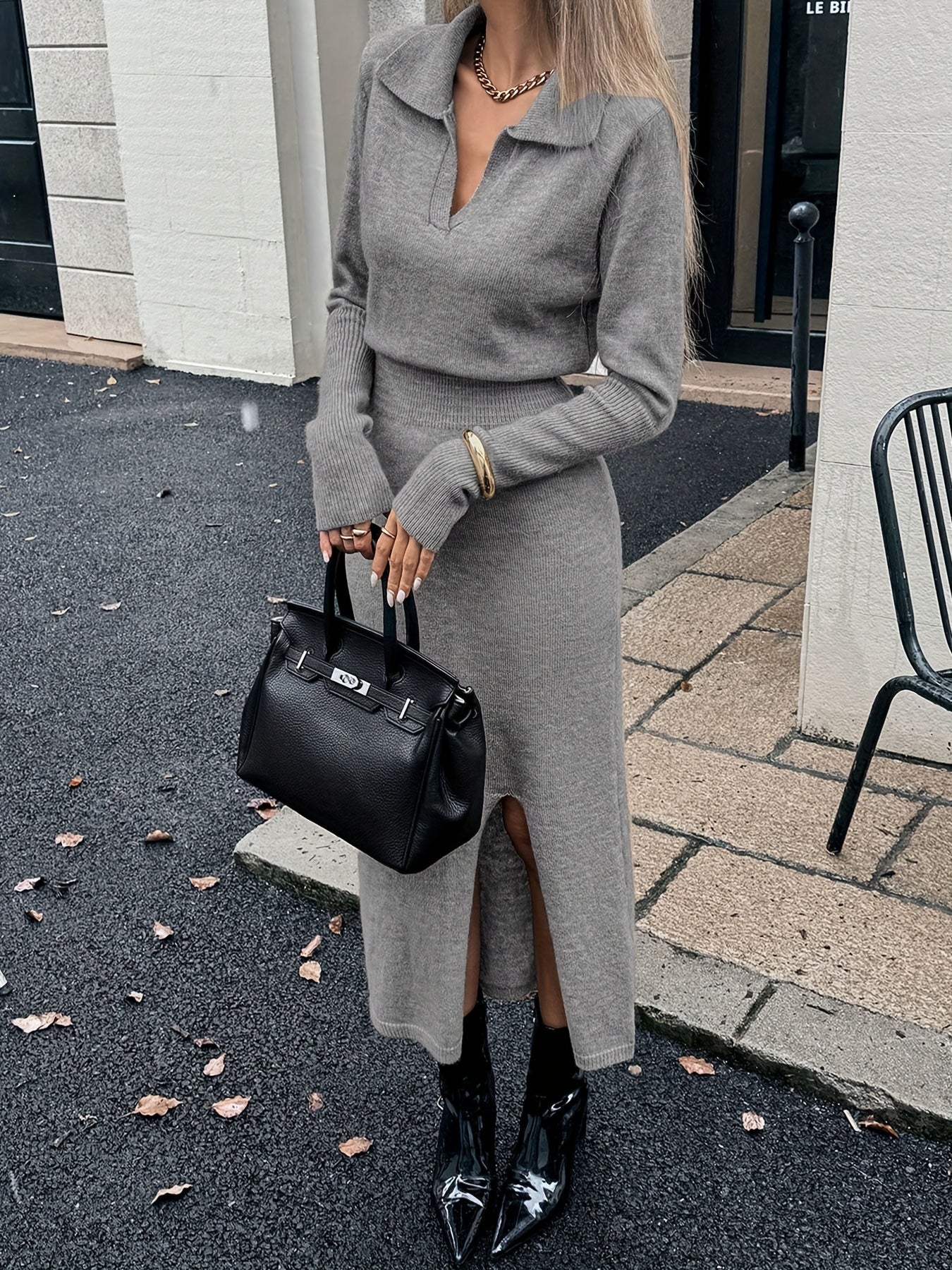 Women's Slim-Fit Knit V-Neck Dress with Split Hem — Short & Long Sleeve Options, Machine Washable (White, Black, Navy, Beige)