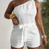 Women's Off-Shoulder Asymmetrical Jumpsuit — Sleeveless Belted Waist, Ribbed Textured Fabric, Elegant Spring/Summer Outfit