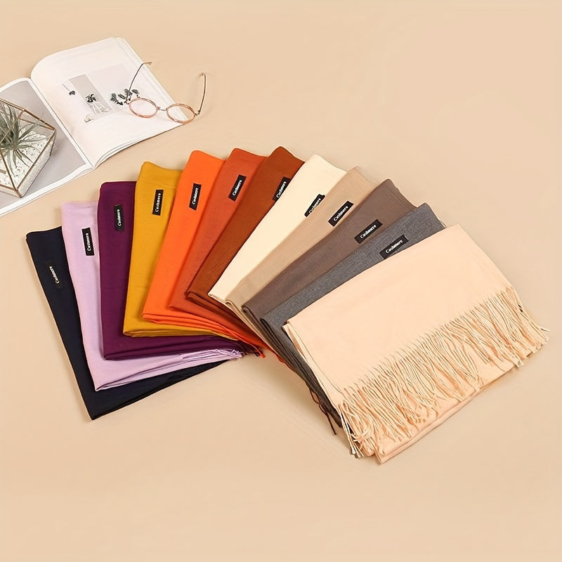 Unisex 100% Cashmere Scarf – Soft Tassel Shawl & Headscarf for Autumn & Winter, Neutral Solid Wrap