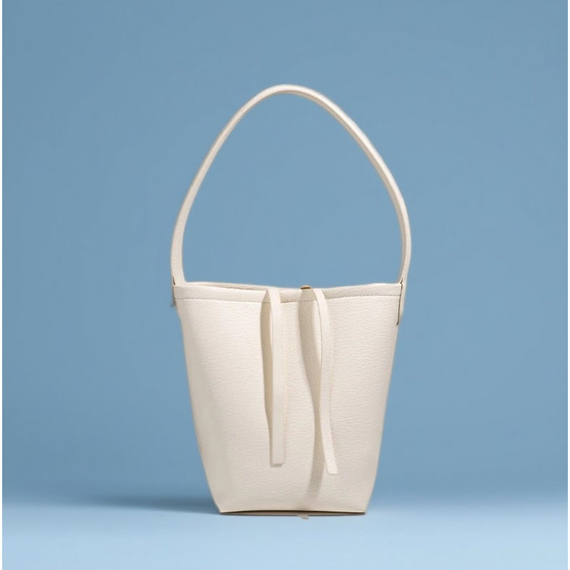 Women's Large Capacity Korean-Inspired Drawstring Bucket Tote - Minimalist Round PU Crossbody Shoulder Purse with Adjustable Strap, Black Grey Coffee Brown White Red