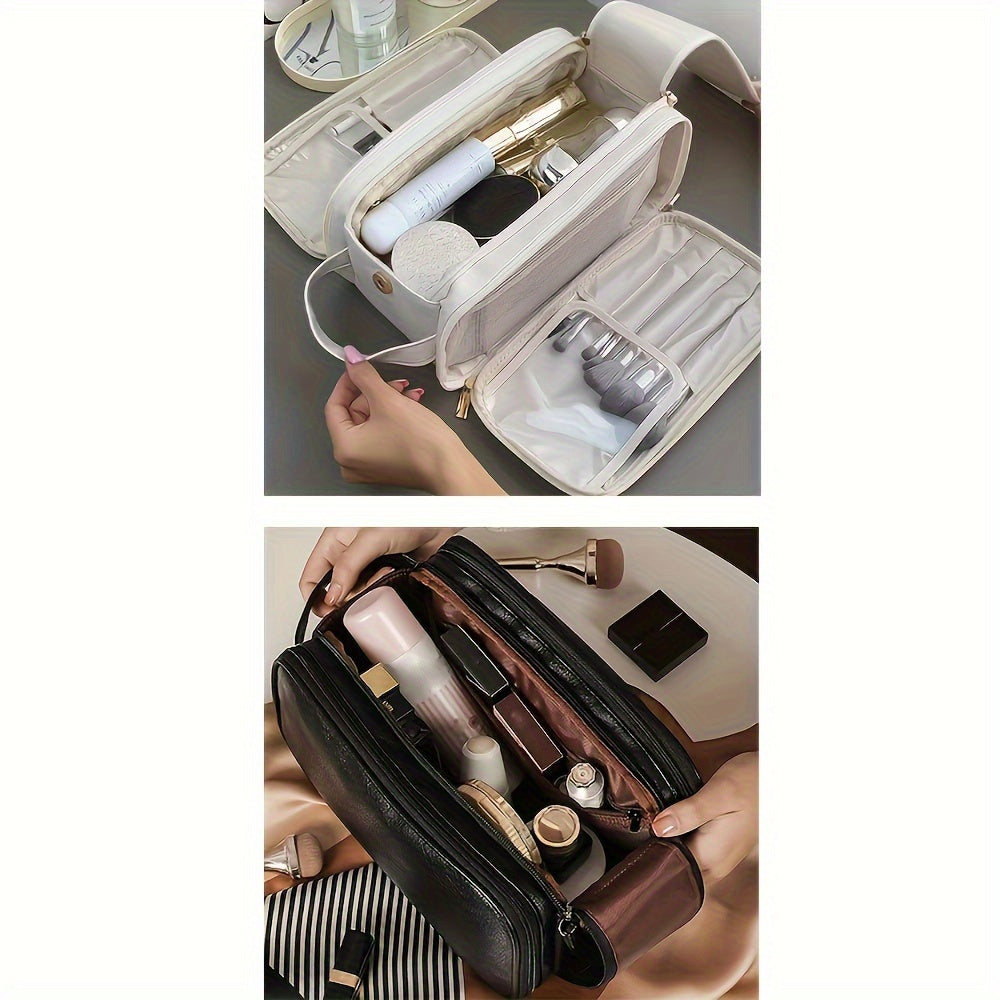 Travelup Women's Large Capacity Tri-Fold Makeup Bag - Pink PU Travel Cosmetic Organizer with Multiple Zipper Pockets & Wrist Strap