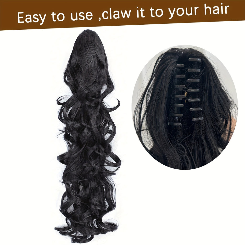 Clip-In Claw Ponytail Extension — Water Wave Wavy Curly Synthetic Hairpiece for Women (Dark Brown/Black)