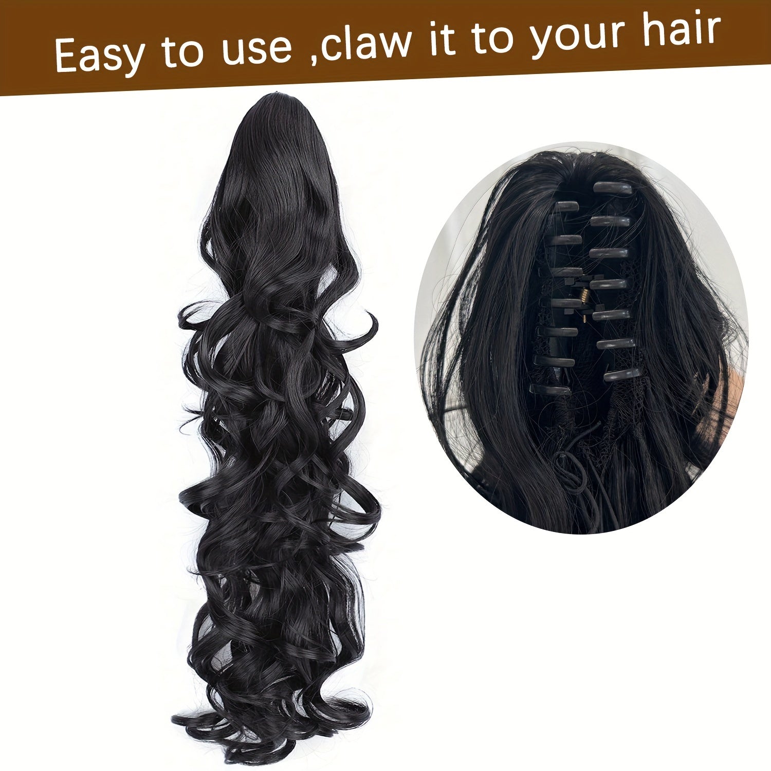 Clip-In Claw Ponytail Extension — Water Wave Wavy Curly Synthetic Hairpiece for Women (Dark Brown/Black)