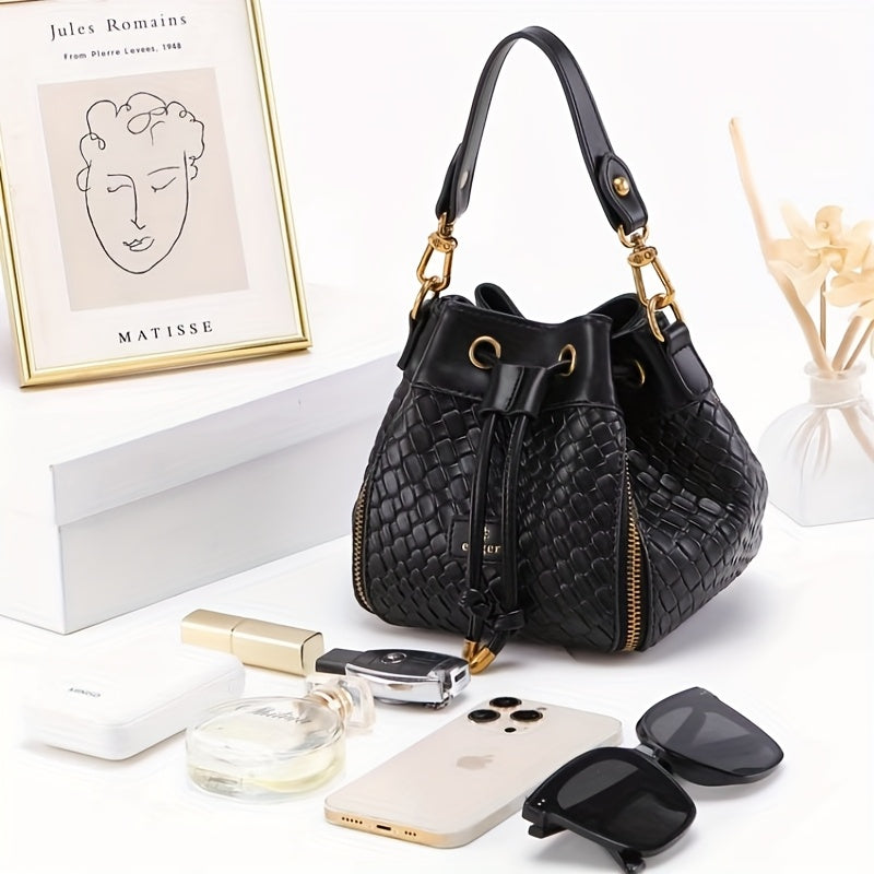 Genuine Leather Crossbody Bucket Bag - Drawstring Purse with Gold-Tone Hardware, Black & White, Elegant Everyday to Formal Handbag