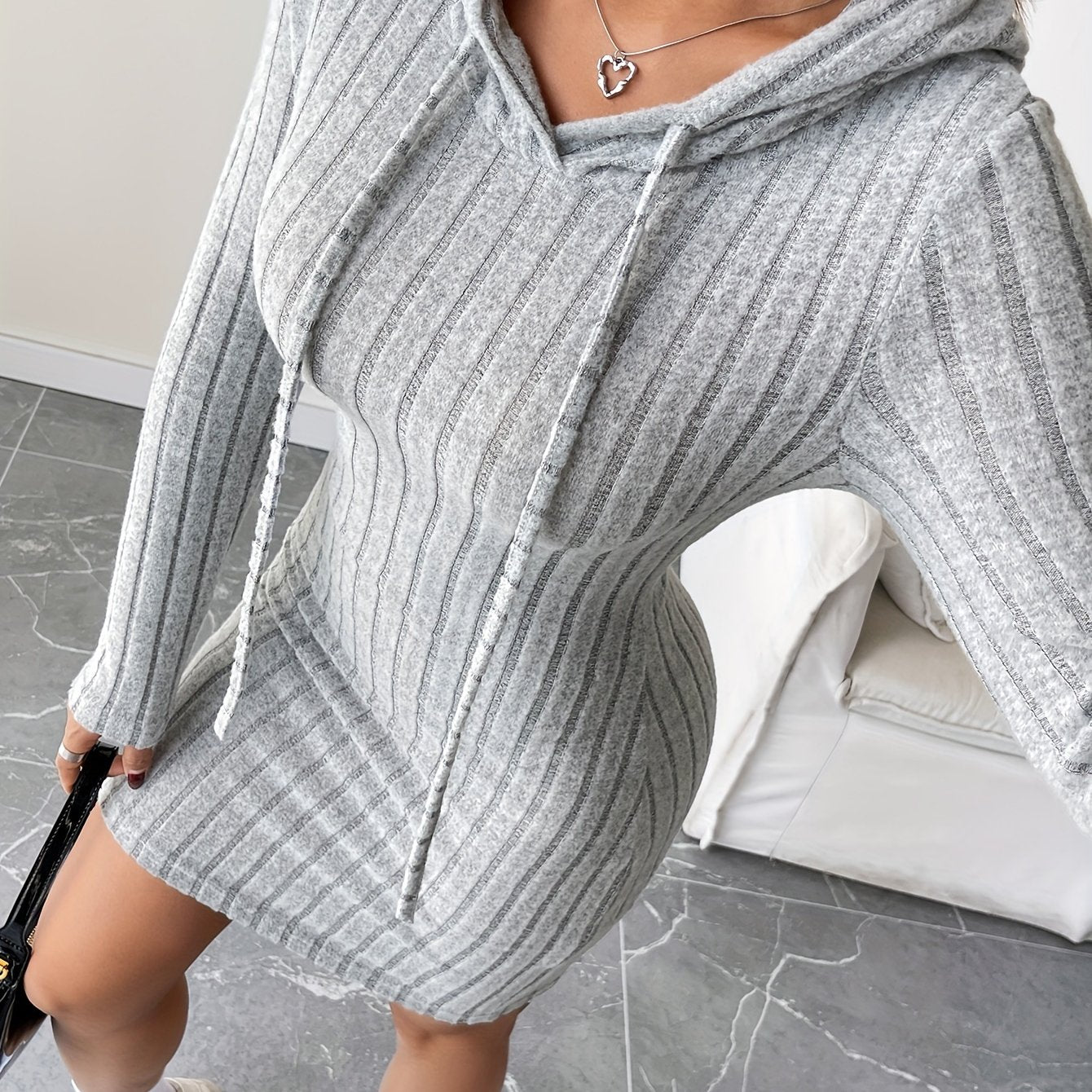Ribbed Drawstring Hooded Bodycon Dress — Women's Rib-Knit Pencil Dress