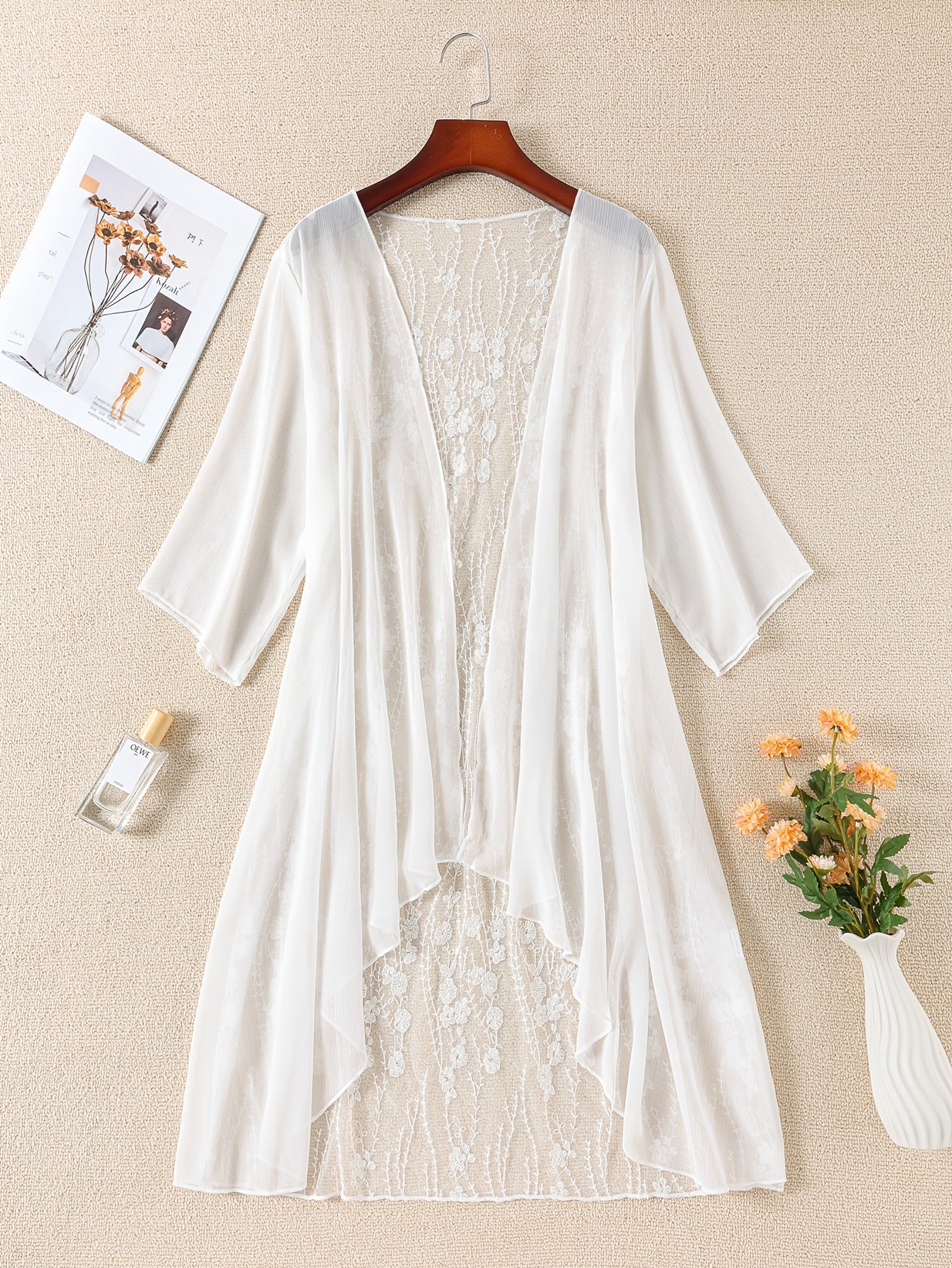 Plus Size Floral Embroidered Kimono Cardigan - Lace Trim Midi Cape, Long Sleeve Semi-Sheer