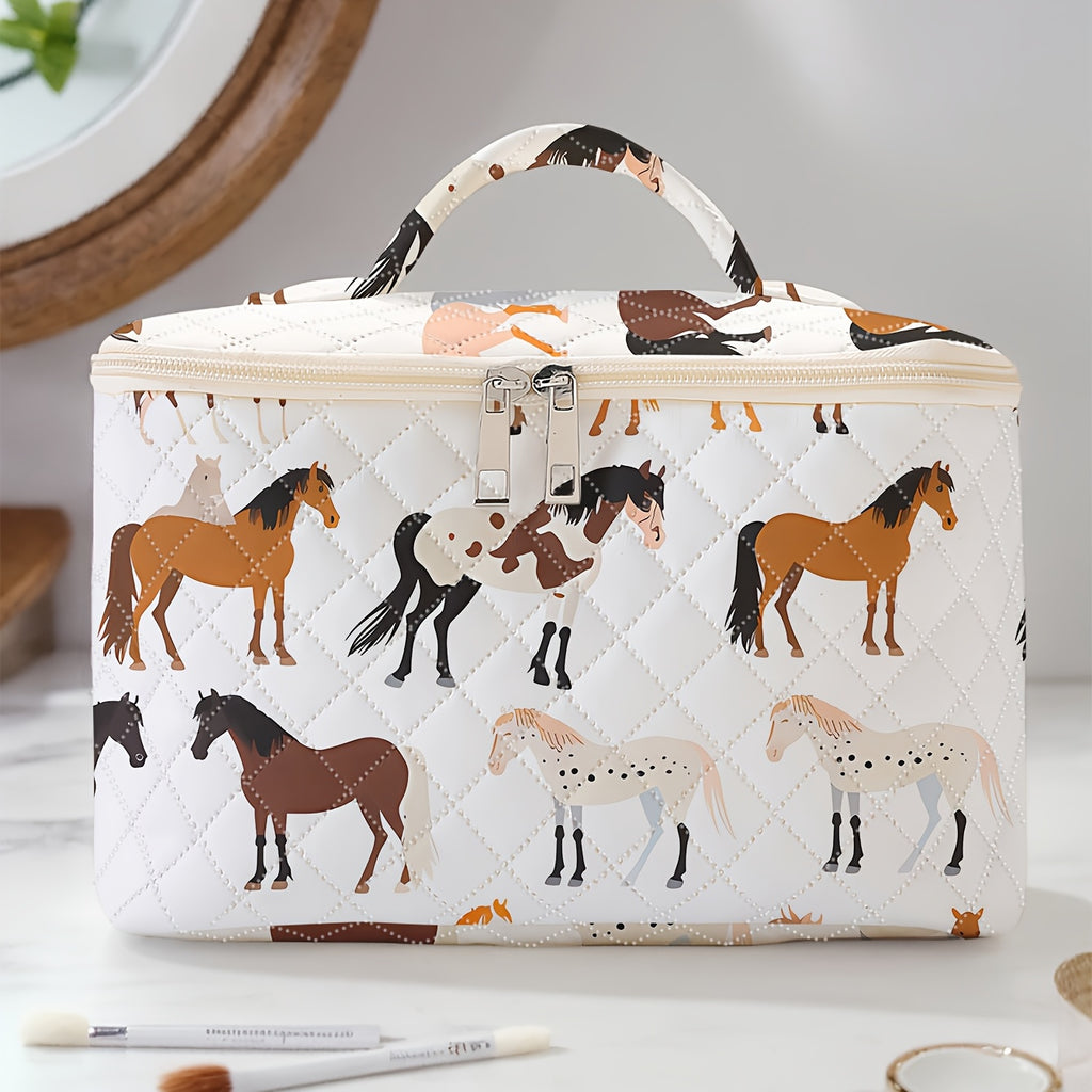 Horse Print Makeup Bag - Travel Cosmetic Case Organizer for Brushes & Toiletries, Durable Polyester, Zip Closure, Multi-Compartment