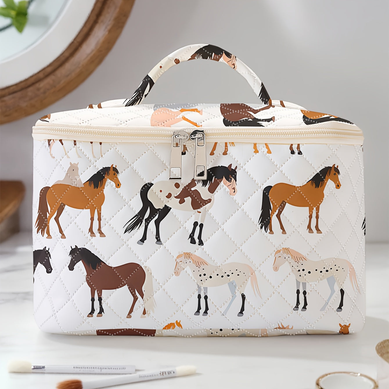 Horse Print Makeup Bag - Travel Cosmetic Case Organizer for Brushes & Toiletries, Durable Polyester, Zip Closure, Multi-Compartment