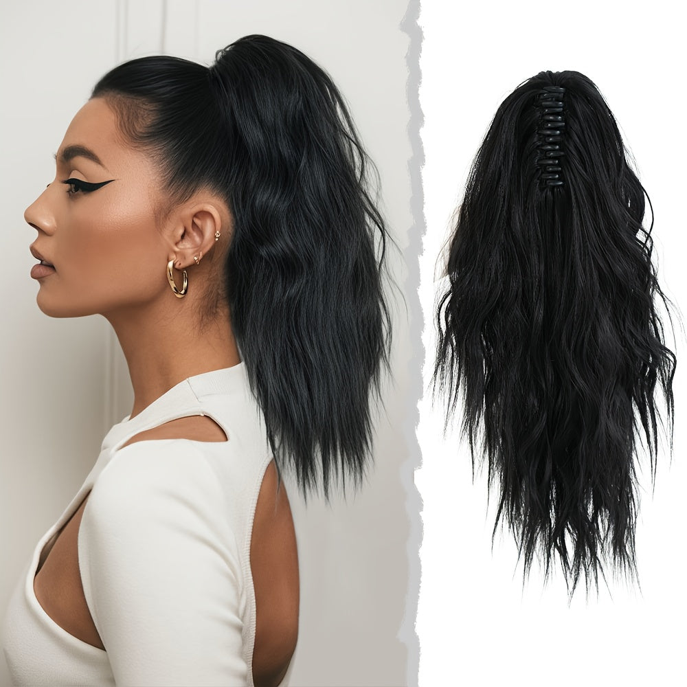 7JHH WIGS Water Wave Clip-In Ponytail Extensions – 18-inch (45 cm) Light Beige & Brown with Blonde Highlights, Natural Brown Roots, Heat-Resistant Synthetic for Volume & Length