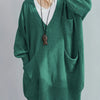 Plus Size Women's Oversized V-Neck Longline Sweater - Soft Ribbed Viscose Knit, Machine-Washable Black Pullover for Fall/Winter