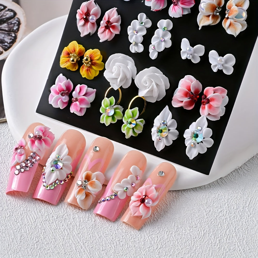 10-Pack 3D Acrylic Carved Flower Nail Art Charms Rhinestone Sculpted Cherry Blossom Nail Decorations