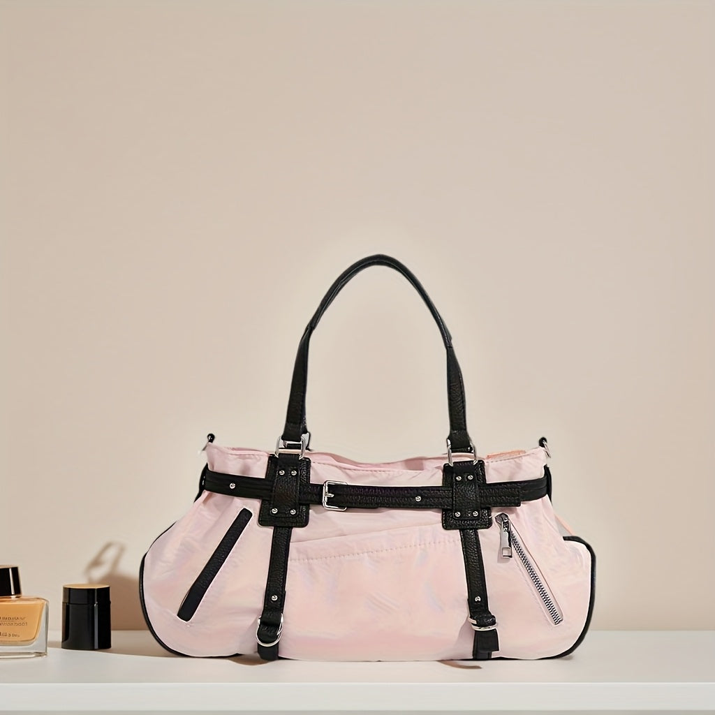 Retro Grunge Shoulder Bag for Women - Detachable Strap, Zipper Nylon Baguette Purse in Bright Pink/Black with Oil-Tanned Trim & Metallic Hardware