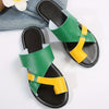 Women's Toe Loop Flat Slides Colorblock Slip-On Summer Beach Casual Sandals