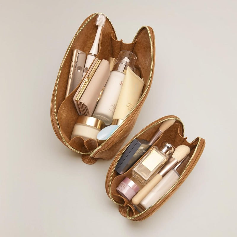 2-Pack Kattee Women's Leather-Look Makeup & Toiletry Organizer Set — Travel Cosmetic Bags with Top & Bottom Access, Multi-Compartment Pouches, Gold Zippers