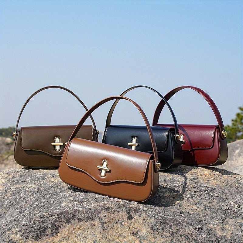 Women's Genuine Leather French Baguette Handbag – Minimalist Gold Hardware, Crossbody & Shoulder Purse