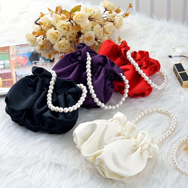 Mini Drawstring Bucket Bag with Pearl Decor – Women's Elegant Banquet Wristlet Handbag