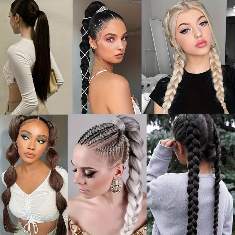 28-Inch (71 cm) Long Straight Synthetic Ponytail Extension, Wrap-Around Boxing Braid with Elastic Hair Ring for DIY