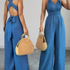 Women's V-Neck Backless Cross-Waist Tie Wide-Leg Jumpsuit - Solid Blue, Machine Washable, Non-Stretch