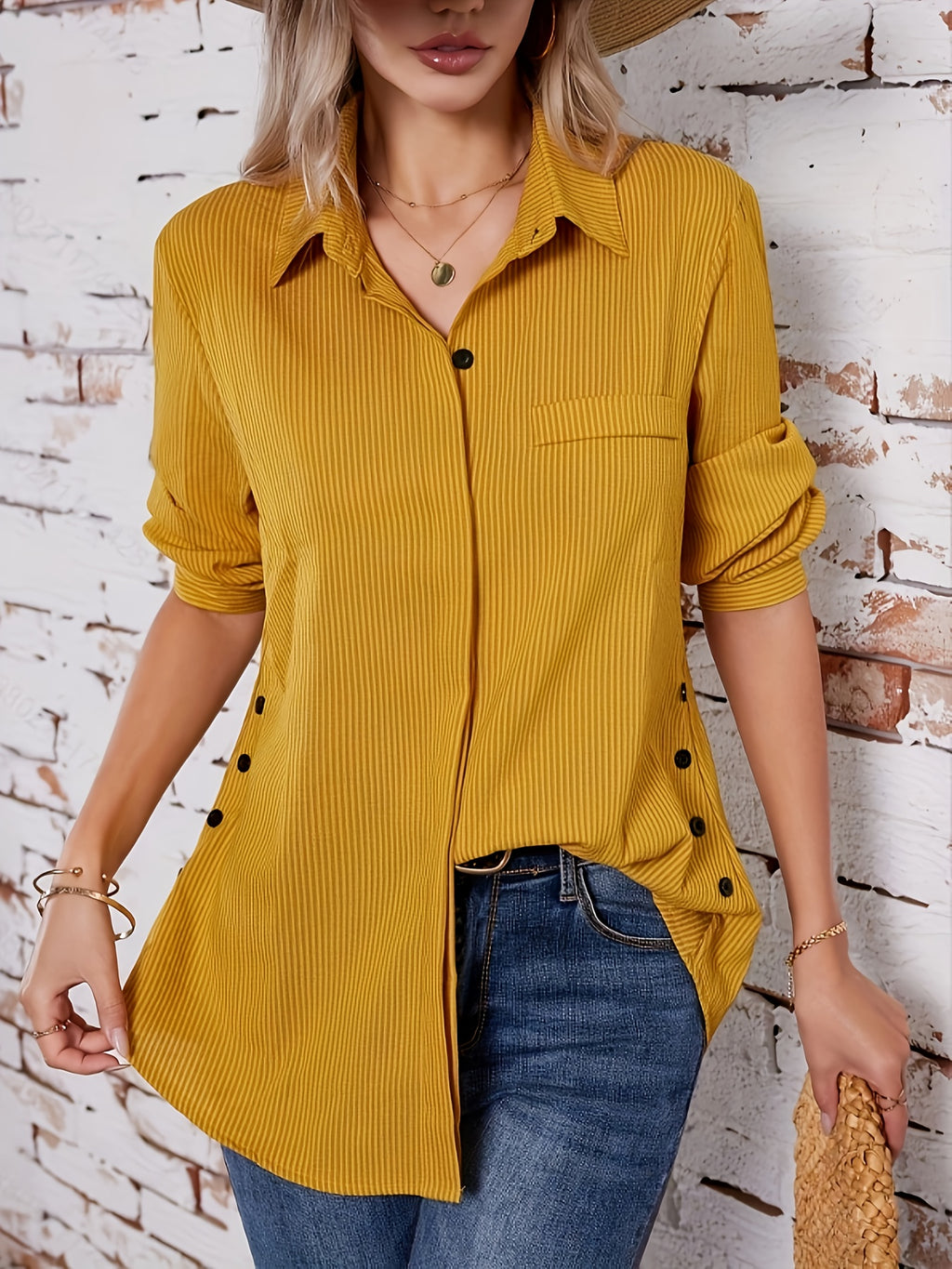 Women's Striped Boho Side-Button Blouse — Lapel Collar Roll-Up Sleeve Casual Shirt