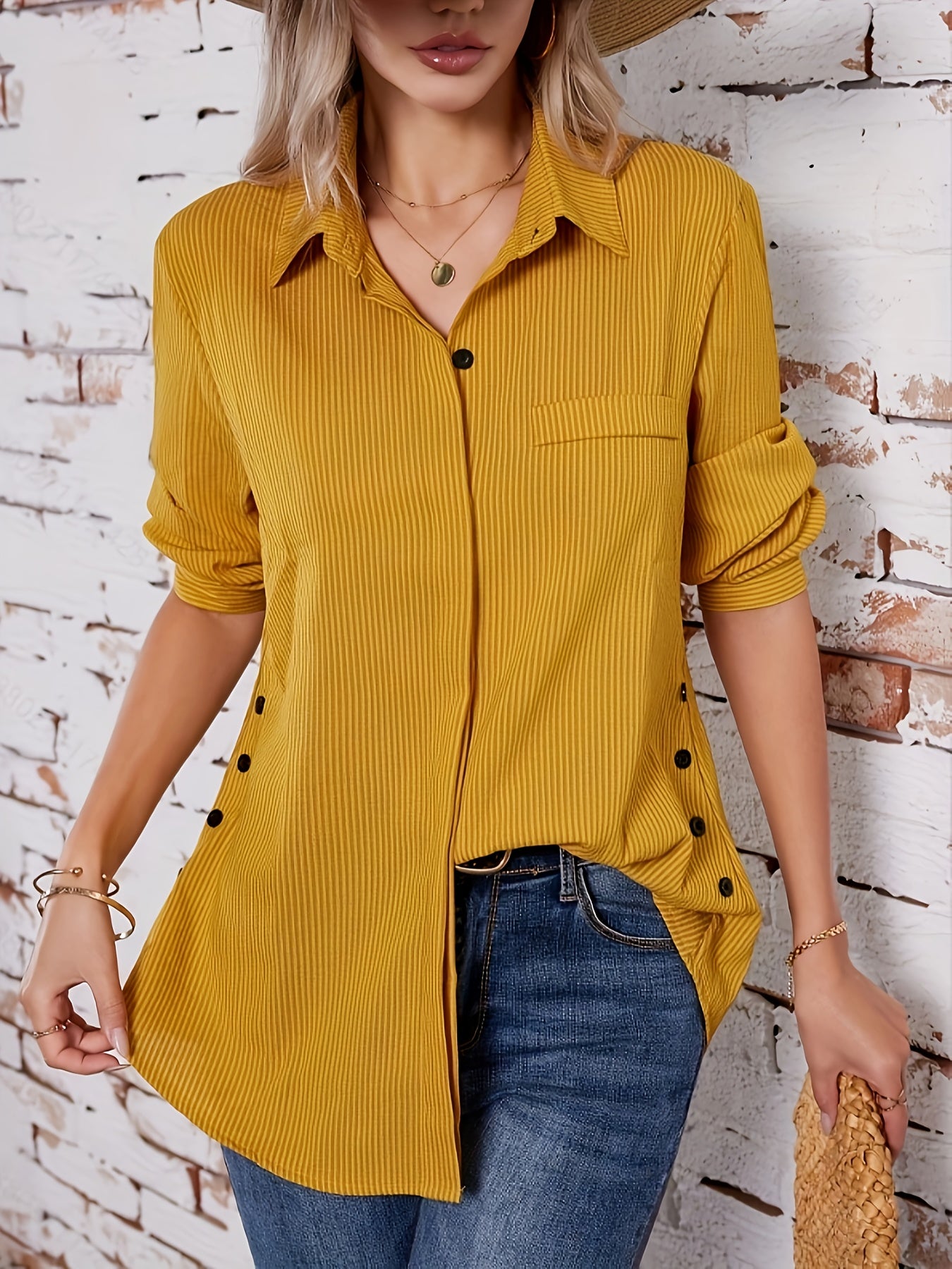 Women's Striped Boho Side-Button Blouse — Lapel Collar Roll-Up Sleeve Casual Shirt