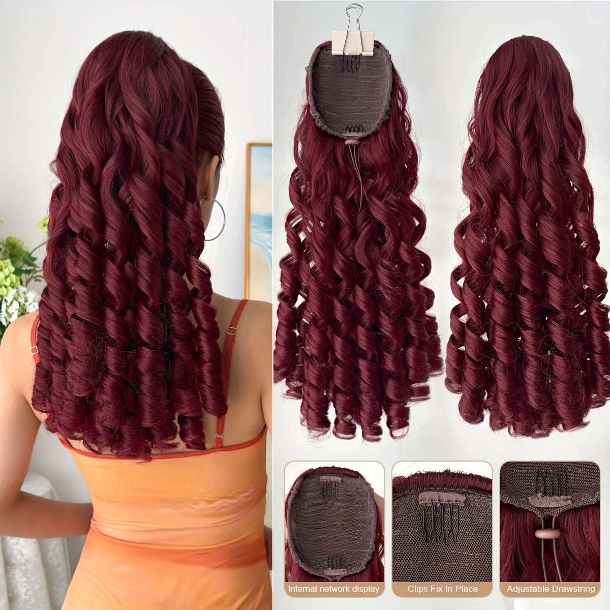 20" (50 cm) Deep Wave Drawstring Ponytail Extension – Clip-In Synthetic Hair in Burgundy, Red, Black, Brown, Blonde