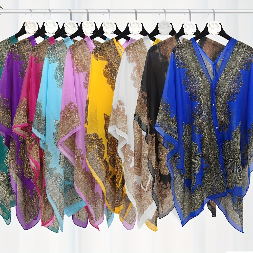 Women's Turquoise Jacquard Scarf Shawl – Large Square Lightweight Breathable Beach Cover-Up & Multiway Long Wrap Poncho